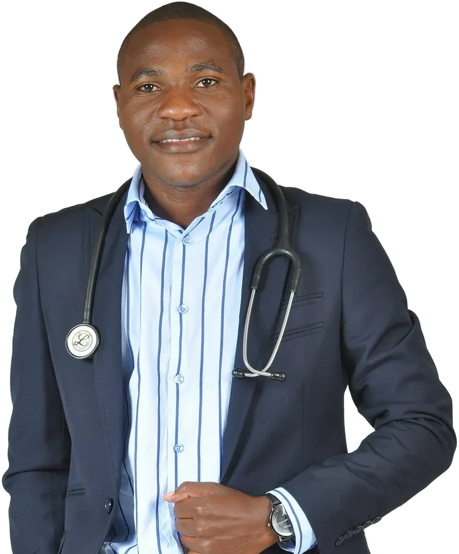 Dr Misheck Ruwende in a navy blazer with a stethoscope