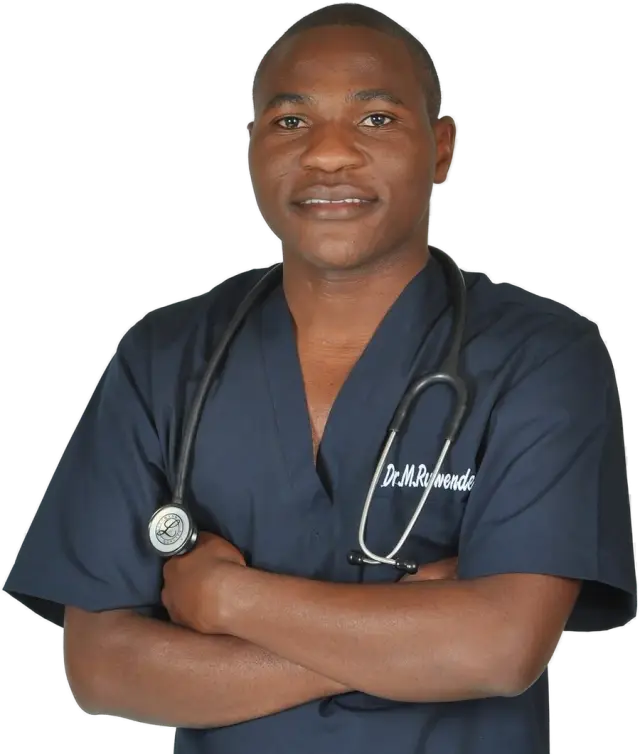 Dr Ruwende in navy scrubs with a stethoscope, arms folded
